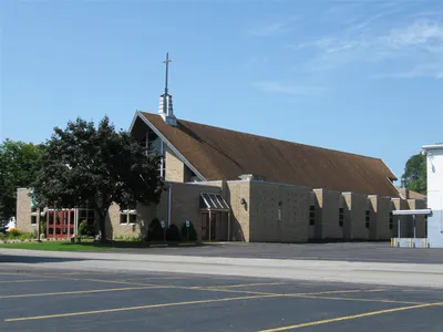 Church exterior seen from main parking lot across the street.