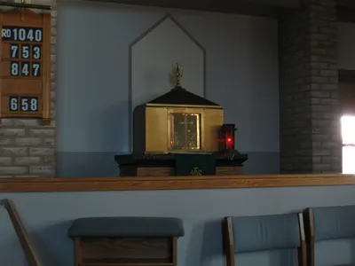 Tabernacle, located to the right of the altar.