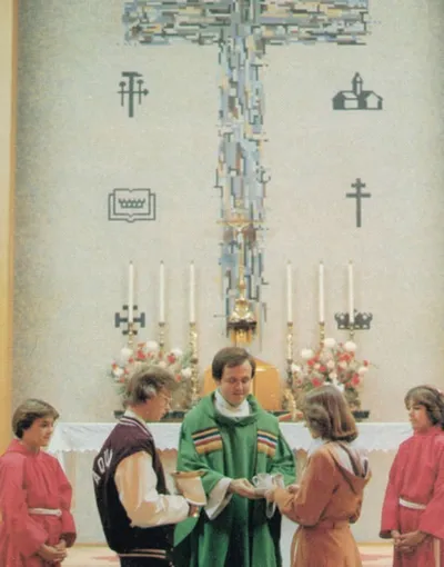 Close-up view of the mosaic behind the altar during a Mass, 1980. 1980 parish directory.