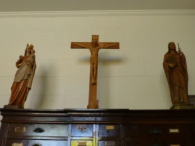 Statues and crucifix in sacristy.