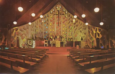 Postcard of present church interior, prior to any renovations.