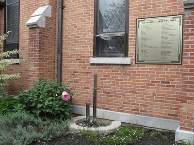 Memorial plaque and fountain.