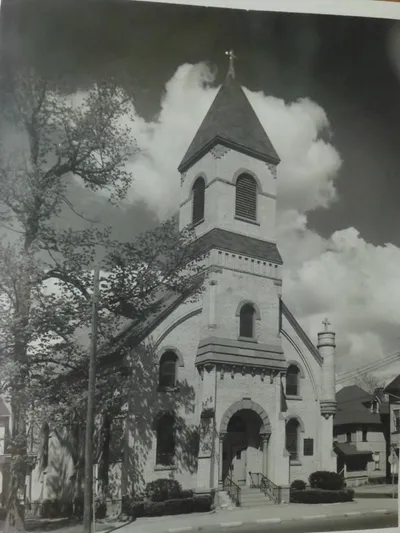 Old photograph of church in the display cabinet at Ss. Peter and Paul.