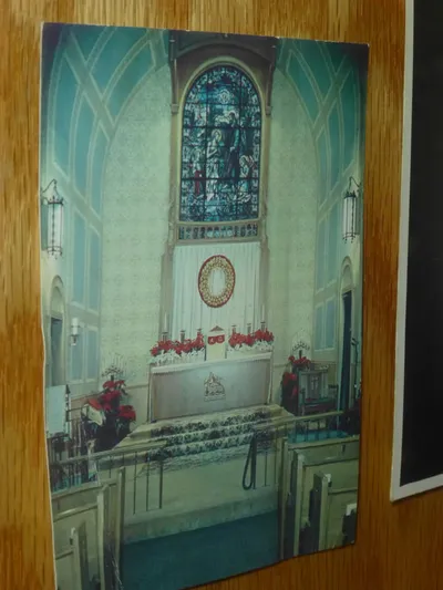 Color photograph of interior in the display cabinet at Ss. Peter and Paul.