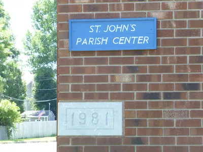 Parish Center sign and cornerstone.
