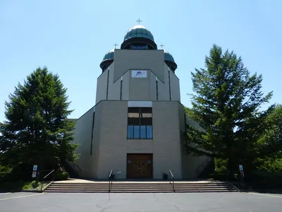 Church seen from back parking lot.