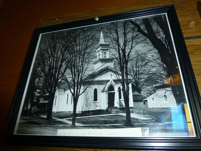 Photograph of former church before it was destroyed by fire in the Spring of 1957.
