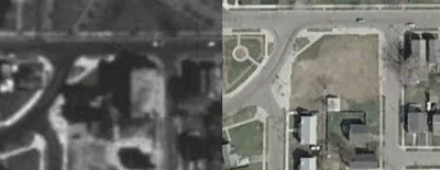 Satellite image comparisions. St. Lucy church is visible in the 1994 image (left). The church has been demolished following a fire in the 2002 image (right). Source: Google Earth