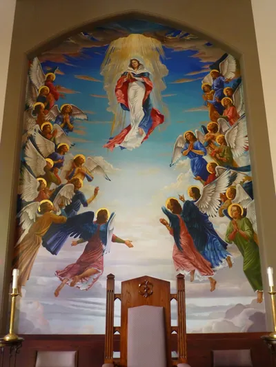 Painting on sanctuary wall of the Assumption.