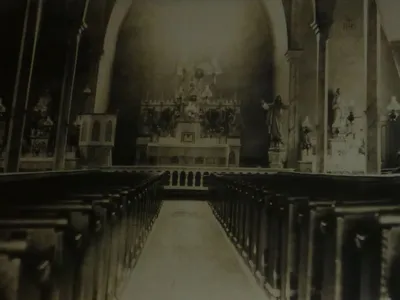 Interior of second Rexville church used from 1877 until fire in June 1981. Photo likely from late 1800s.