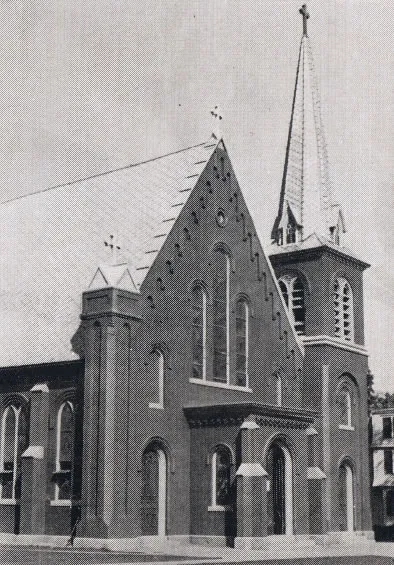 Exterior of church, 1939. Note the smaller narthex. Source: Catholic Courier Golden Jubilee Edition: 1889-1939