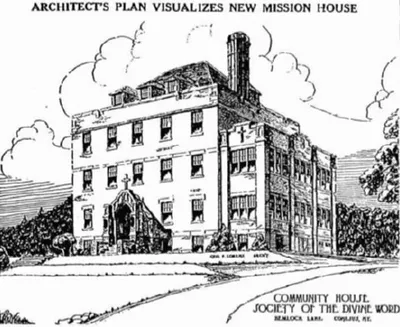 Architect rendering for original northern building. Source: Communities of the Word, the Conesus Story: 1924-1984