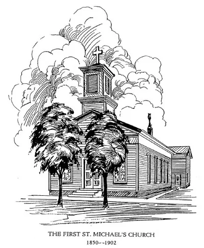 Illustration of the original church that was utilized from 1850-1902 on Keuka (Pine) St. Source: Saint Michael's Church: One Hundred Years of Catholicism in Penn Yann, New York (parish history)