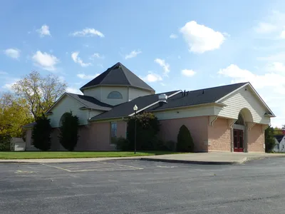 Church seen from parking lot.