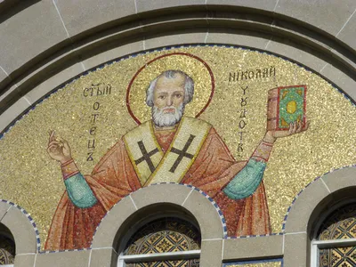 Mosaic of St. Nicholas above main entrance.