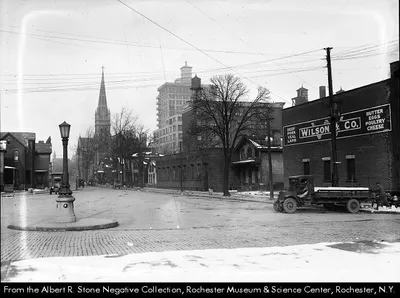 Cathedral visible in the background of this photograph of Frank Street, 1919. Source: Albert R. Stone Negative Collection