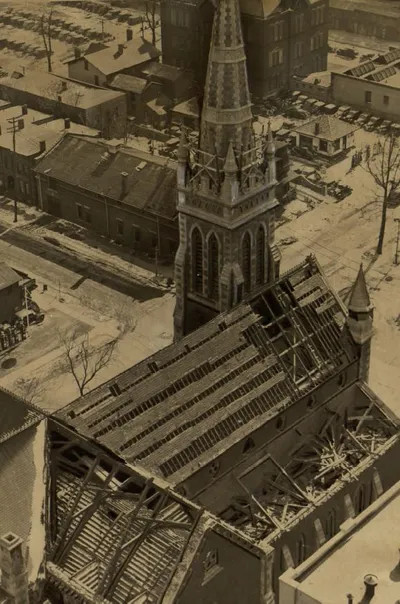 View of Cathedral during 1938 demolition. Source: Rochester Public Library Local History Division