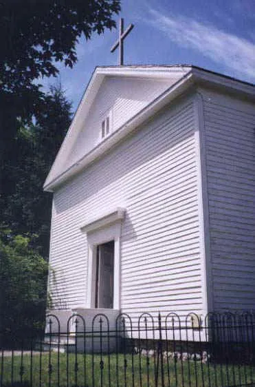 Photograph of old church, now at the Genesee Country Village Museum.