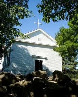 Photograph of old church, now at the Genesee Country Village Museum.