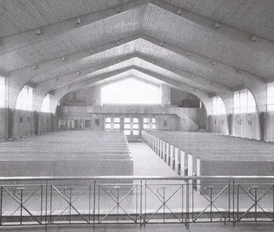 Interior of former church, 1957. This building became the school gym, and is now used as a temporary church. Source: A Work In Progress: St. Pius the Tenth Parish, the First 150 Years