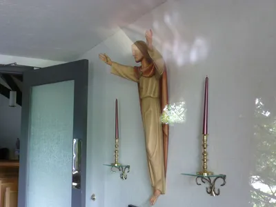 Risen Christ statue in narthex.