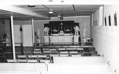 Interior of old basement church, Dec. 1955.