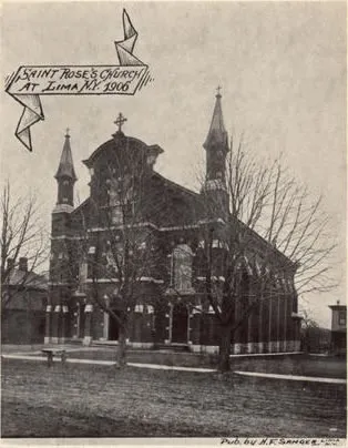 Postcard of church, 1906. Note the pointed spires and different cross.