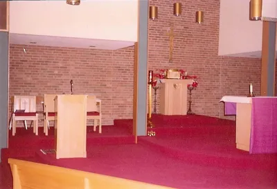 Interior of present church with original furnishings, pre-vandalism. Source: Church Facebook Page
