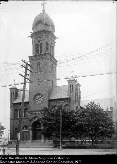 Exterior of present church, 1924. Source: Albert R. Stone negative collection