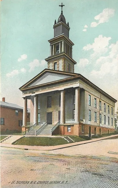 Postcard illustration of first church, 1910.