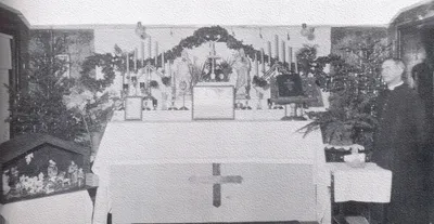 Altar at Kenney homestead used during the parish's first year, Dec. 25, 1924. Source: St. Theodore Church (1975 self-titled history book)