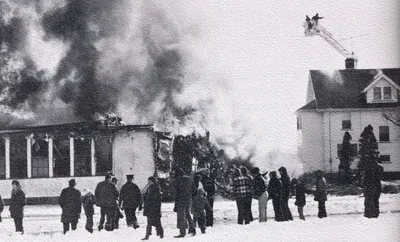Local firefighters raze the former church as part of a training exercise, Feb. 25, 1973. Source: St. Theodore Church (1975 self-titled history book)