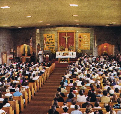 Interior of present church before renovation. Photograph is from the golden jubilee Mass on June 30, 1974. Source: St. Theodore Church (1975 self-titled history book)