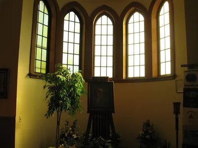 Stained glass in corner.