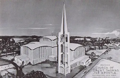 Proposed design for present church, with bell tower that was never built. Source: St. Thomas the Apostle parish history