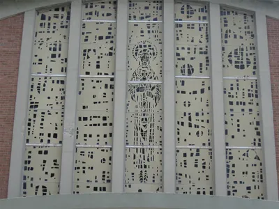 Stained glass seen from outside.