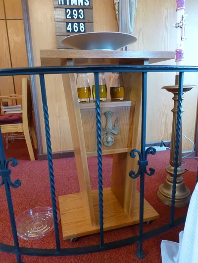 Baptismal font and chrisms.